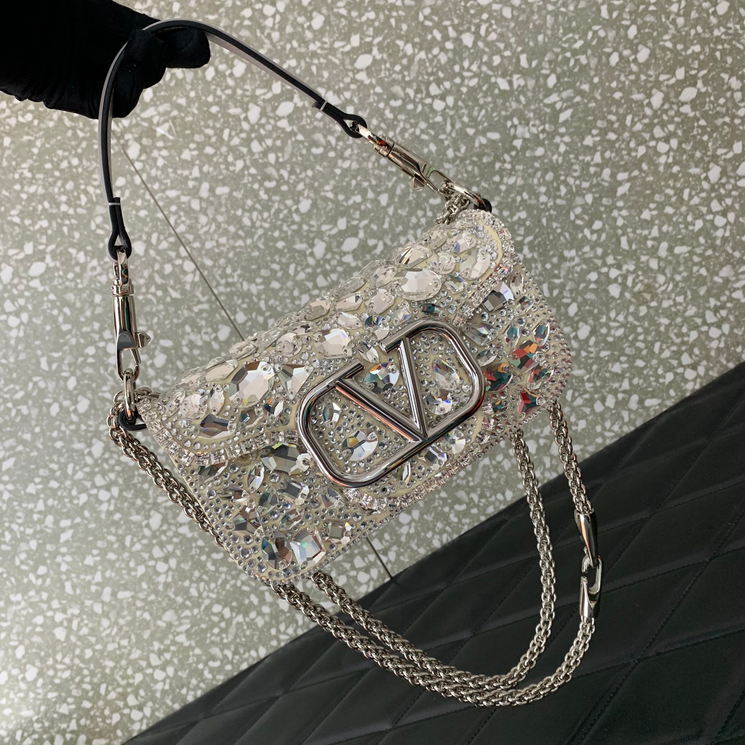 Valentino Garavani Loco Small Shoulder Bag Covered in White Crystals 